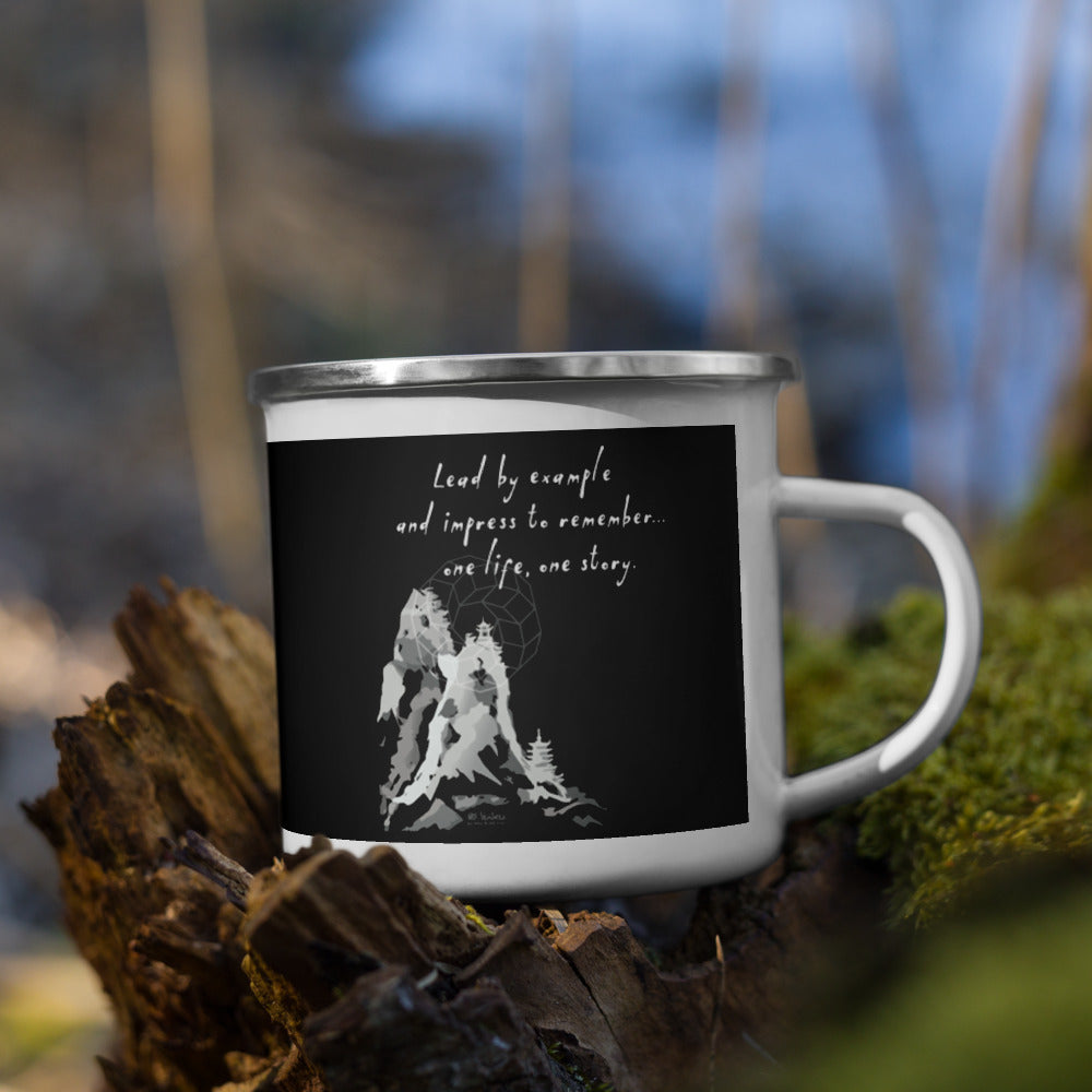 Lead By Example Haiku With Mountain Shrines on Enamel Mug