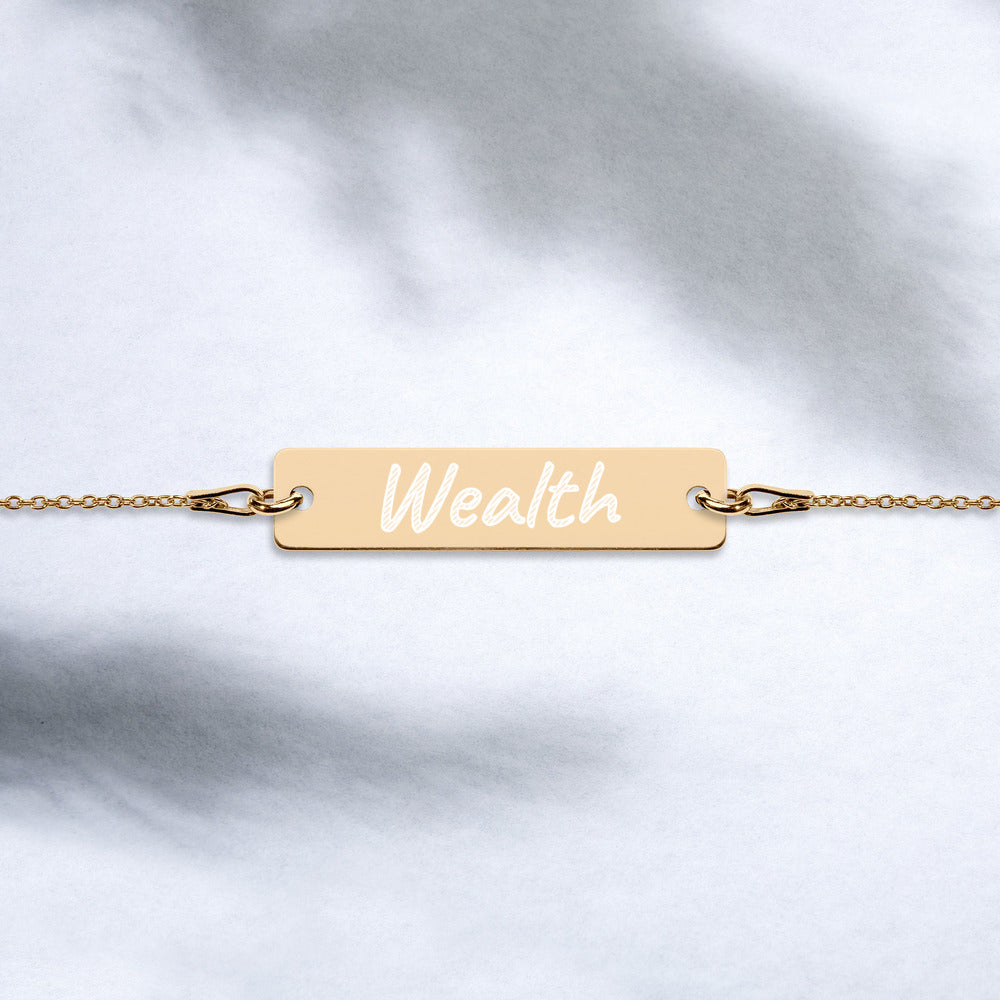 Wealth on Engraved Sterling Silver Bar Chain Bracelet