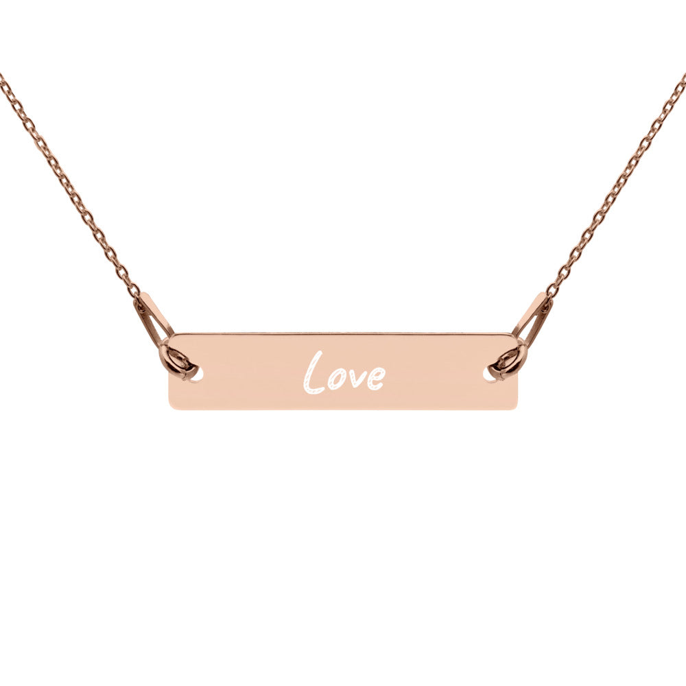 Love on Engraved Sterling Silver Bar Chain Necklace