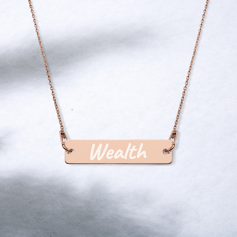 Wealth on Engraved Sterling Silver Bar Chain Necklace