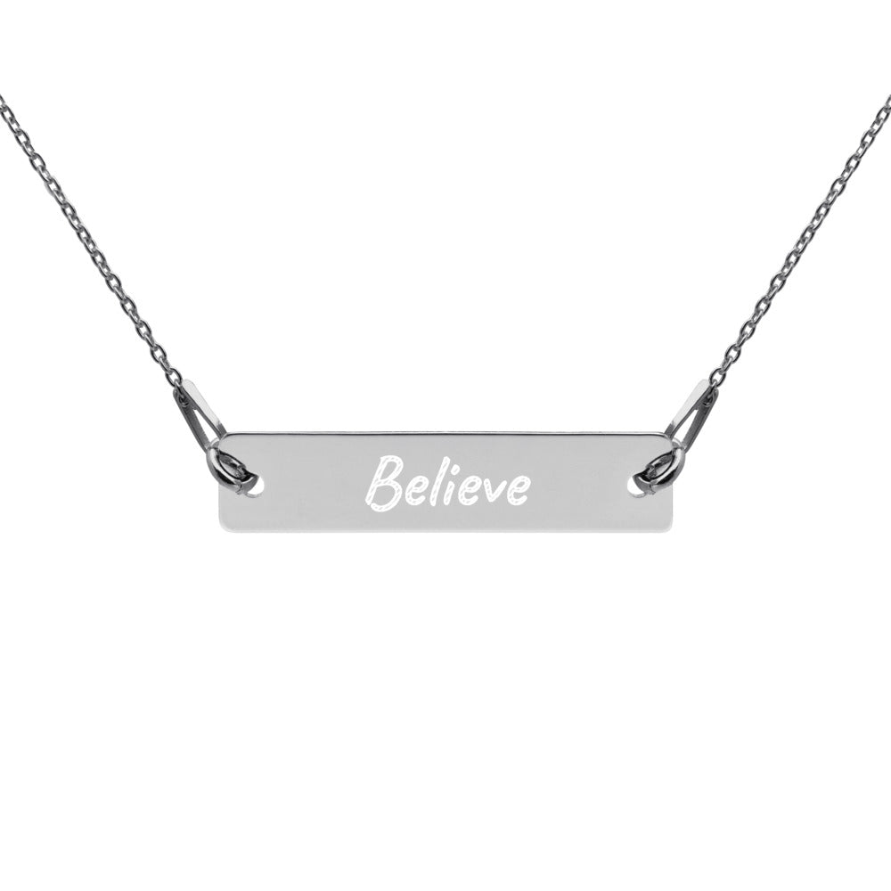 Believe on Engraved Sterling Silver Bar Chain Necklace