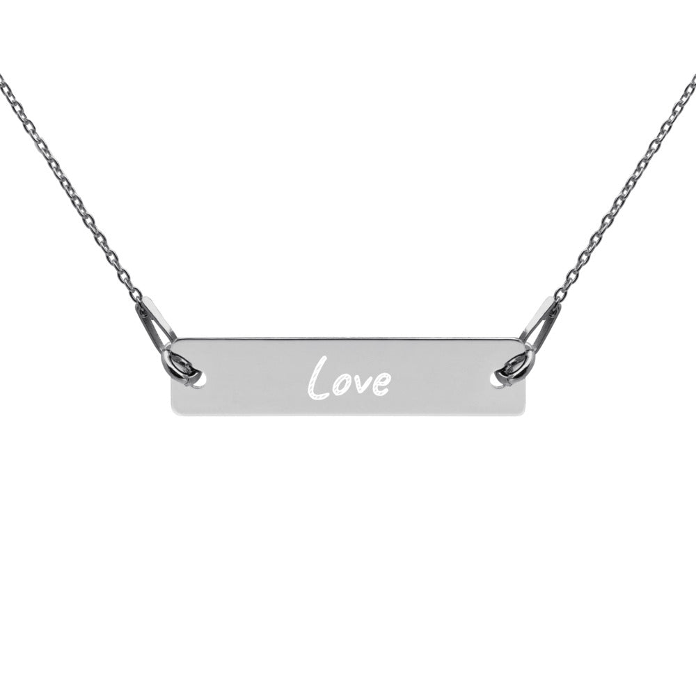 Love on Engraved Sterling Silver Bar Chain Necklace