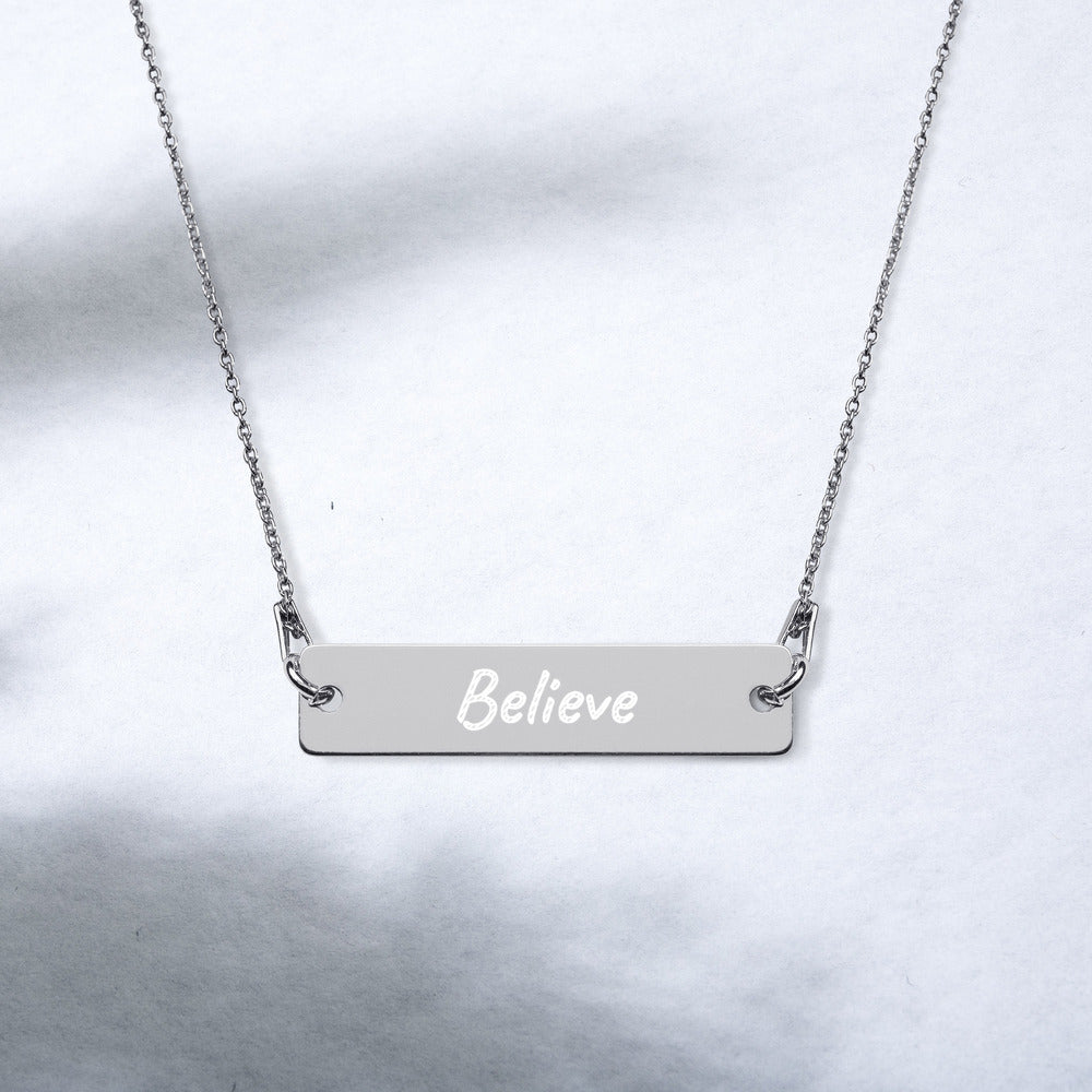 Believe on Engraved Sterling Silver Bar Chain Necklace