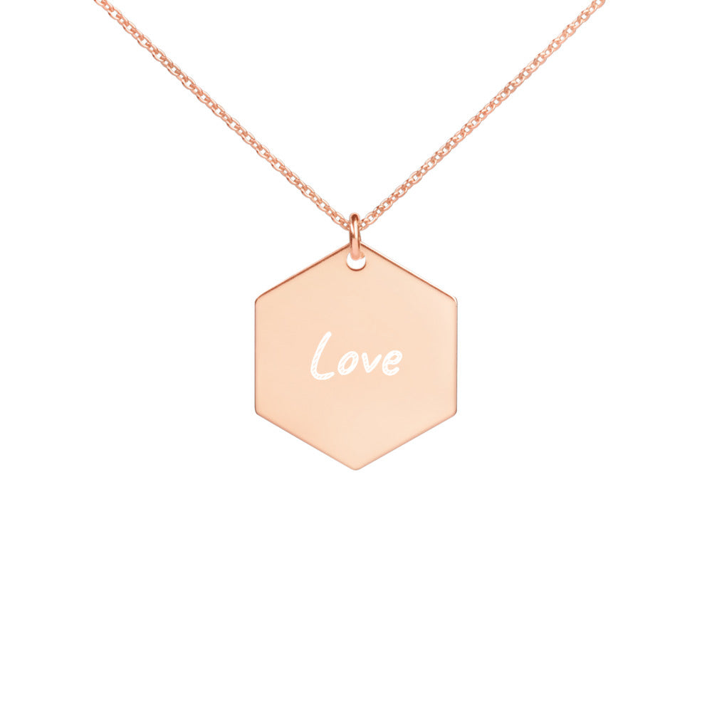 Love on Engraved Sterling Silver Hexagon Chain Necklace