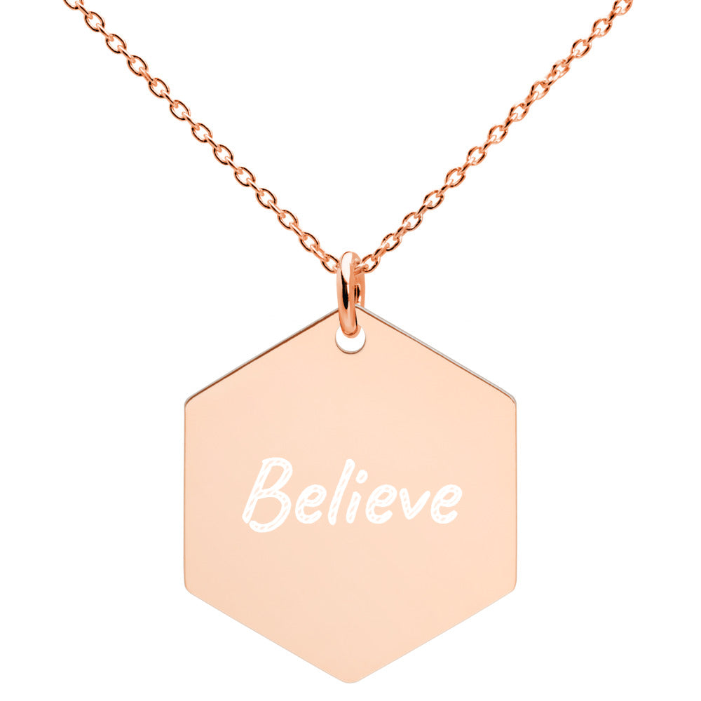 Believe on Engraved Sterling Silver Hexagon Chain Necklace