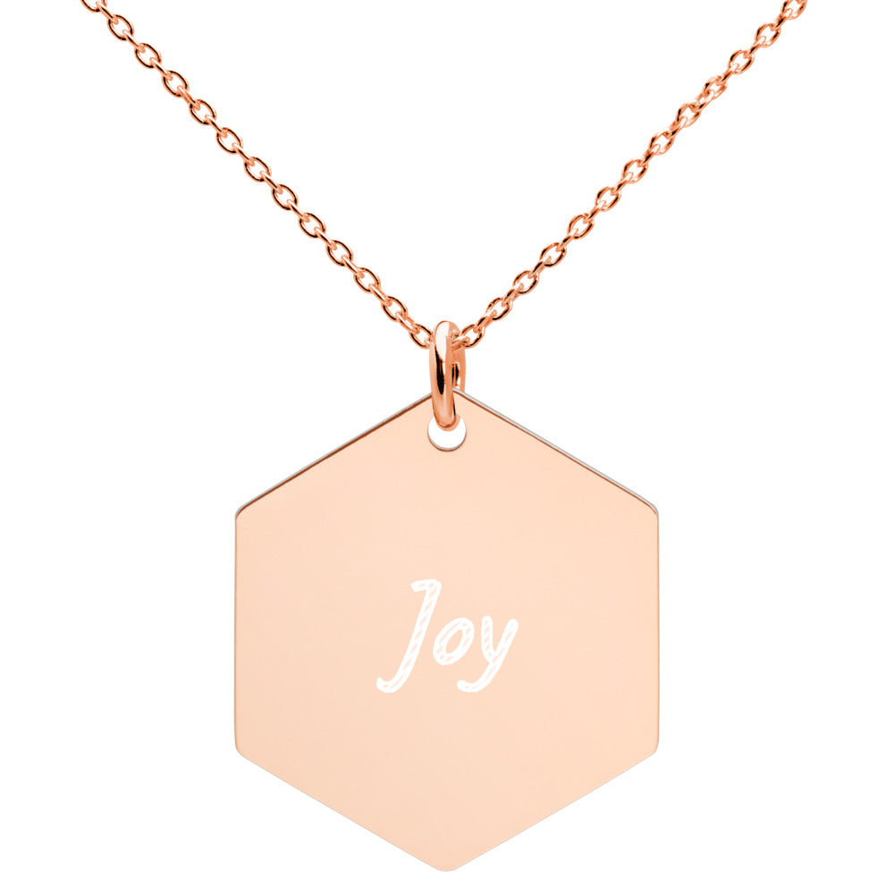 Joy on Engraved Sterling Silver Hexagon Chain Necklace