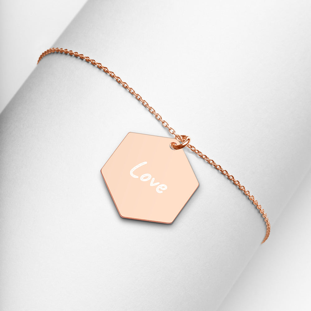 Love on Engraved Sterling Silver Hexagon Chain Necklace