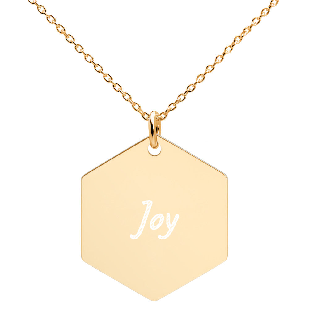 Joy on Engraved Sterling Silver Hexagon Chain Necklace