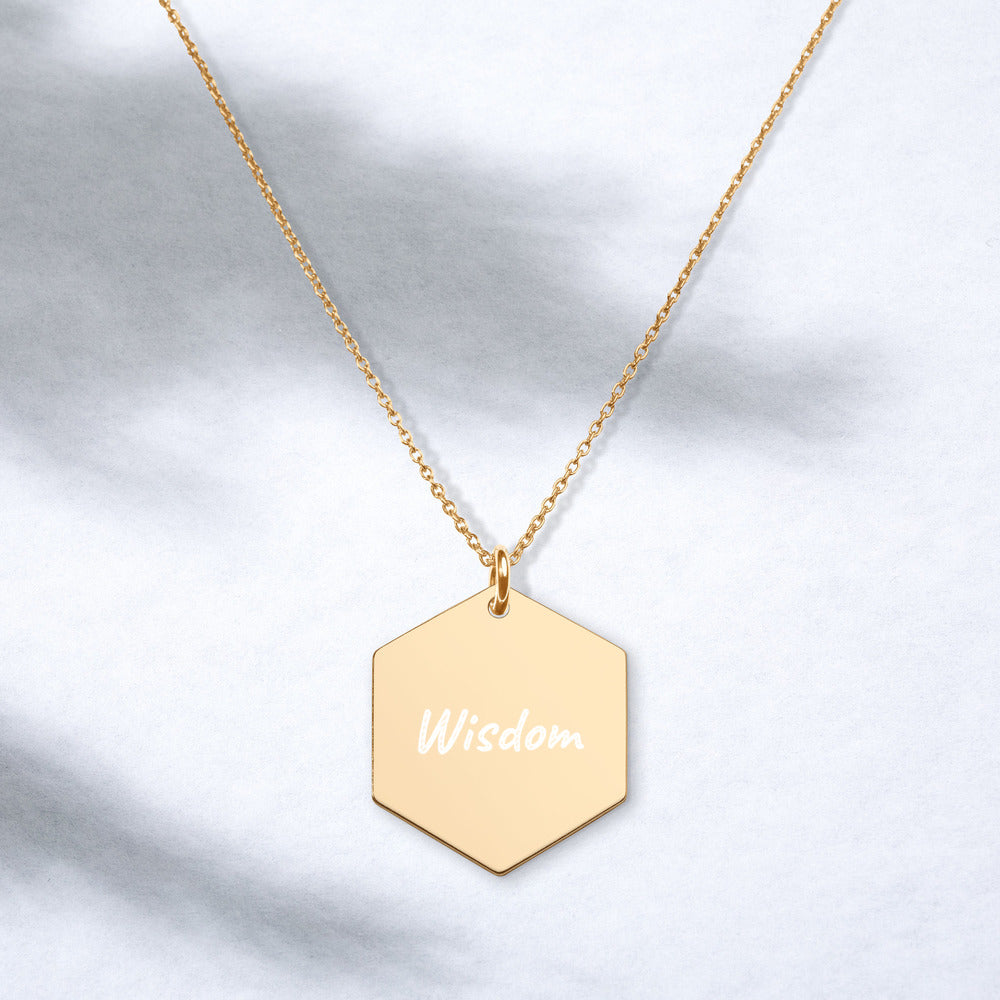 Wisdom on Engraved Sterling Silver Hexagon Chain Necklace