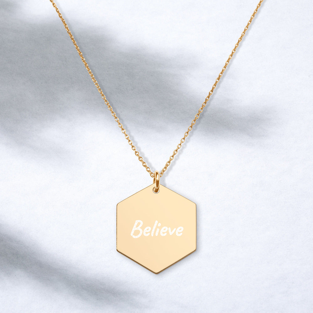 Believe on Engraved Sterling Silver Hexagon Chain Necklace