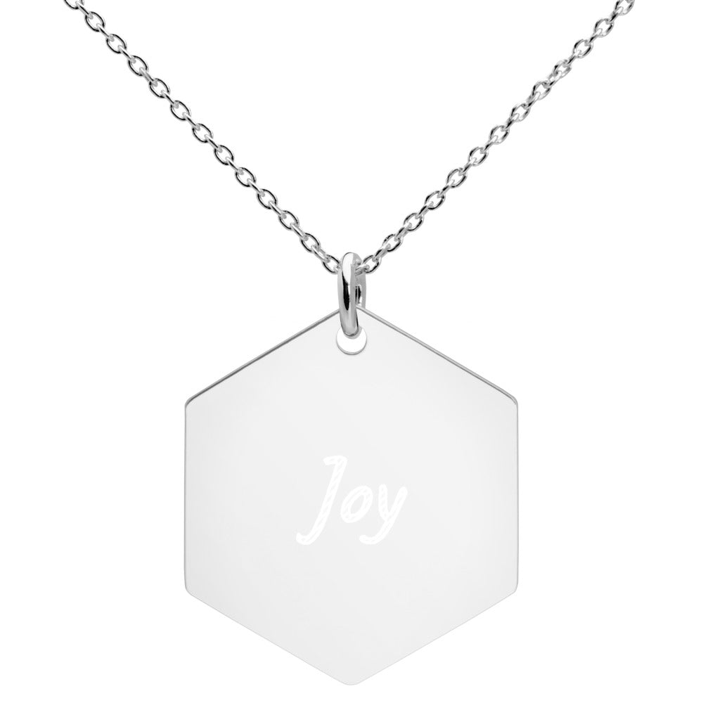 Joy on Engraved Sterling Silver Hexagon Chain Necklace