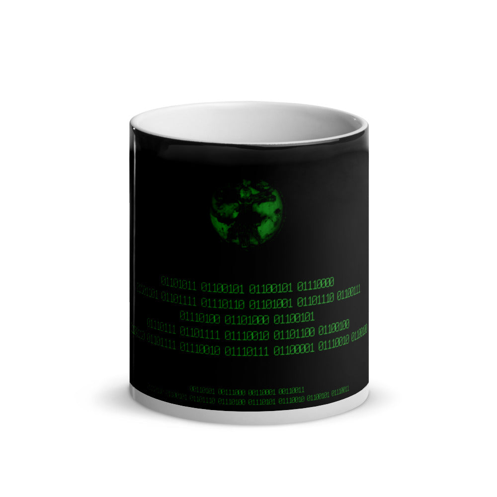 Binary Instructions To Keep Moving The World Forward With Vitruvian Earth In Green on Glossy Black Magic Mug