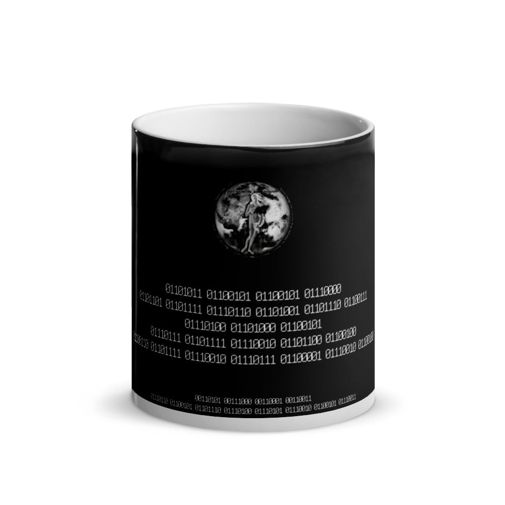 Binary Instructions To Keep Moving The World Forward With Venusian Earth In White on Glossy Black Magic Mug