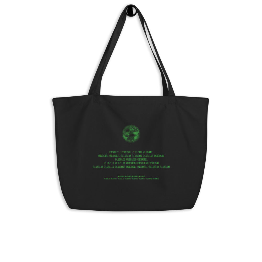 Binary Instructions To Keep Moving The World Forward With Vitruvian Earth In Green on Large Organic Tote Bag