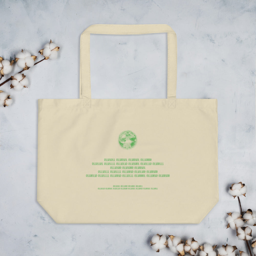 Binary Instructions To Keep Moving The World Forward With Vitruvian Earth In Green on Large Organic Tote Bag