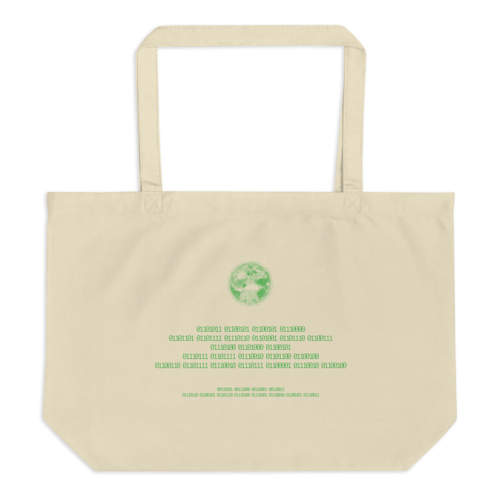 Binary Instructions To Keep Moving The World Forward With Vitruvian Earth In Green on Large Organic Tote Bag