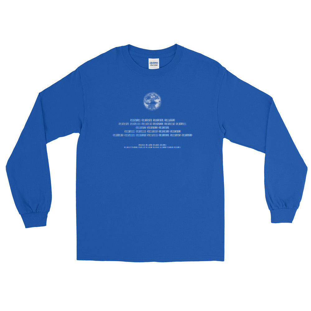 Binary Instructions To Keep Moving The World Forward With Vitruvian Earth In White on Men's Long Sleeve Shirt