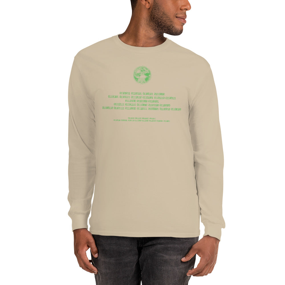 Binary Instructions To Keep Moving The World Forward With Vitruvian Earth In Green on Men's Long Sleeve Shirt