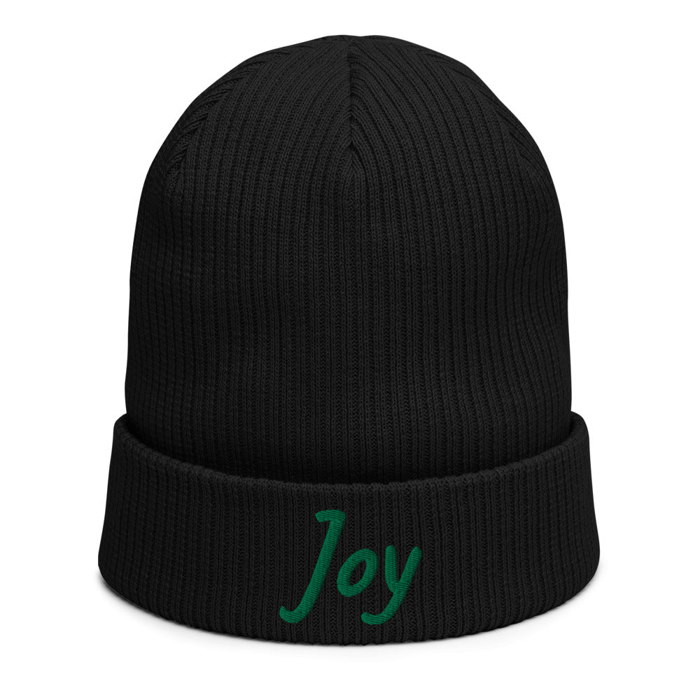 Joy In Emerald Embroidery on Organic Beanie