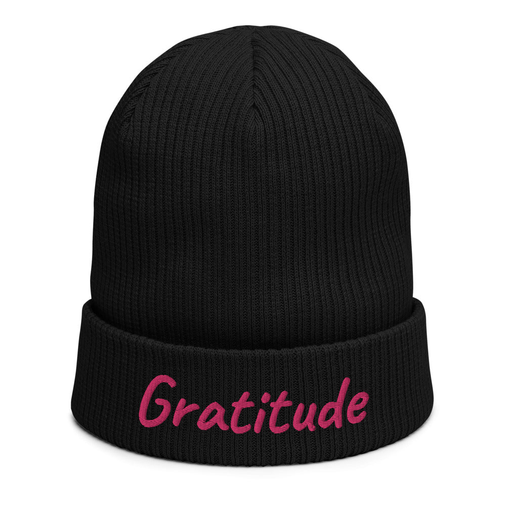 Gratitude In Star Rose Quartz Embroidery on Organic Beanie