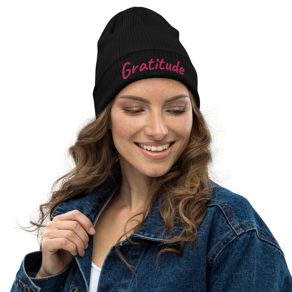 Gratitude In Star Rose Quartz Embroidery on Organic Beanie