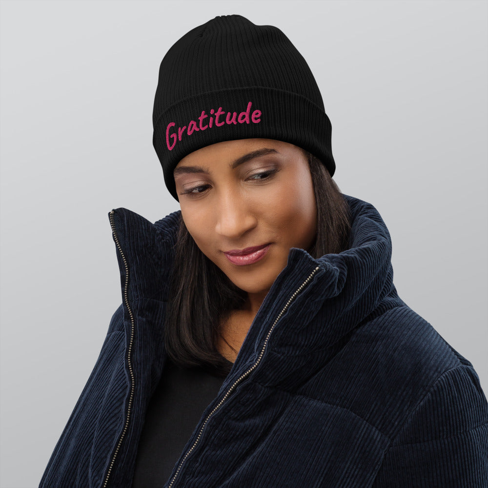 Gratitude In Star Rose Quartz Embroidery on Organic Beanie