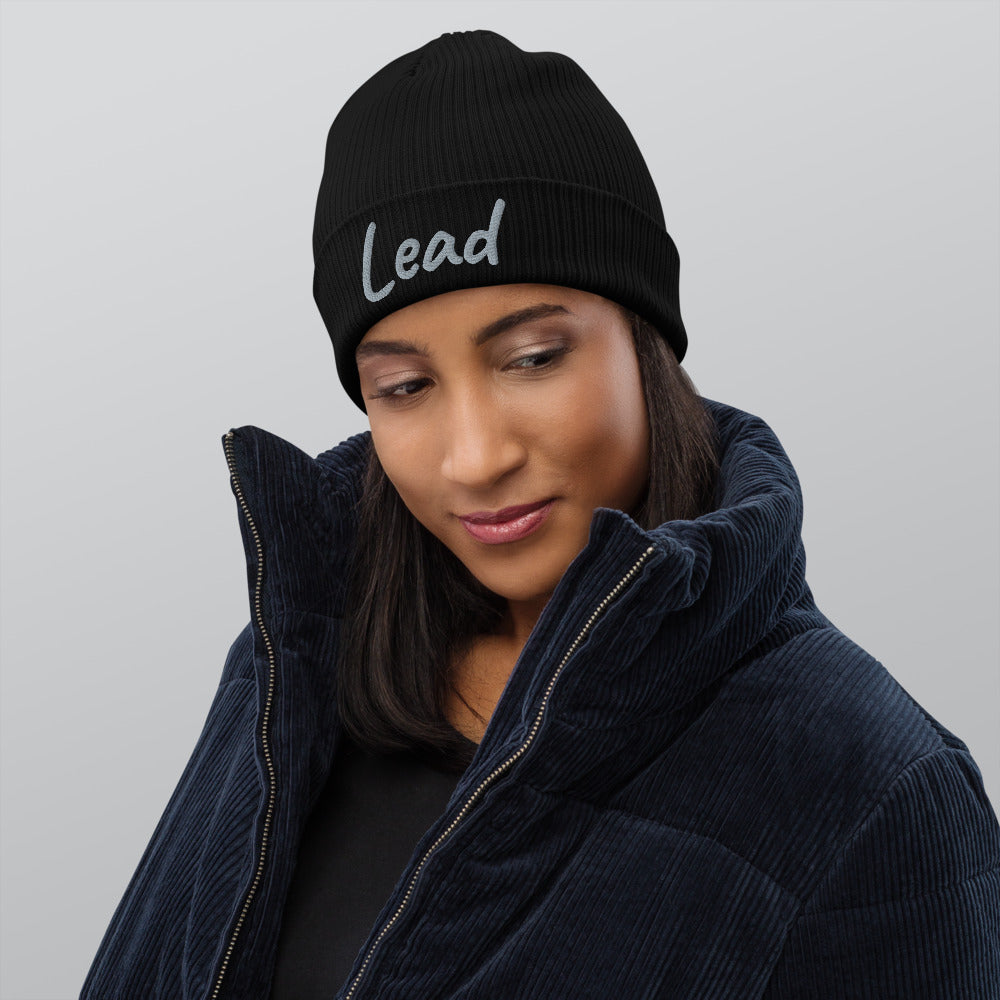 Lead In Silver Embroidery on Organic Beanie