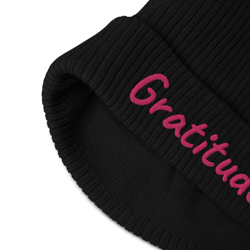 Gratitude In Star Rose Quartz Embroidery on Organic Beanie