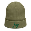 Joy In Emerald Embroidery on Organic Beanie