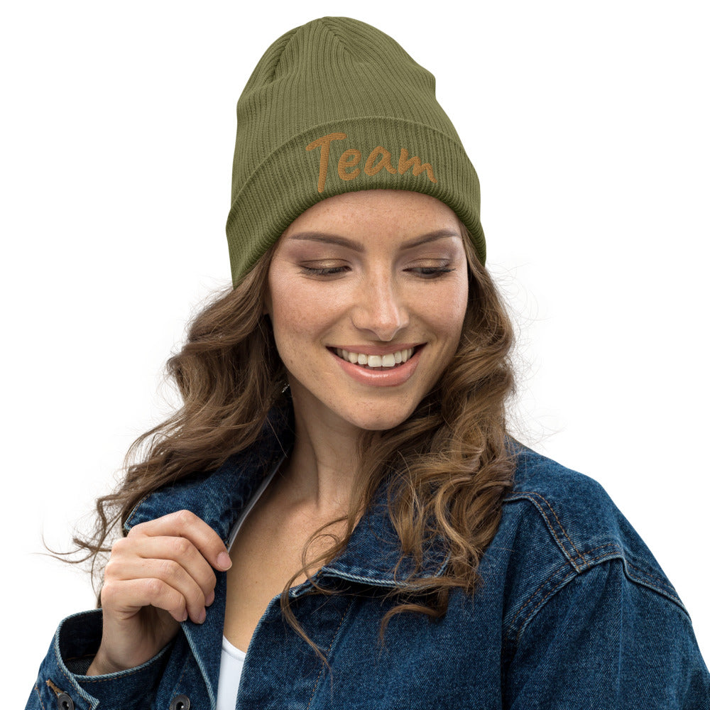 Team In Celluloid Embroidery on Organic Beanie