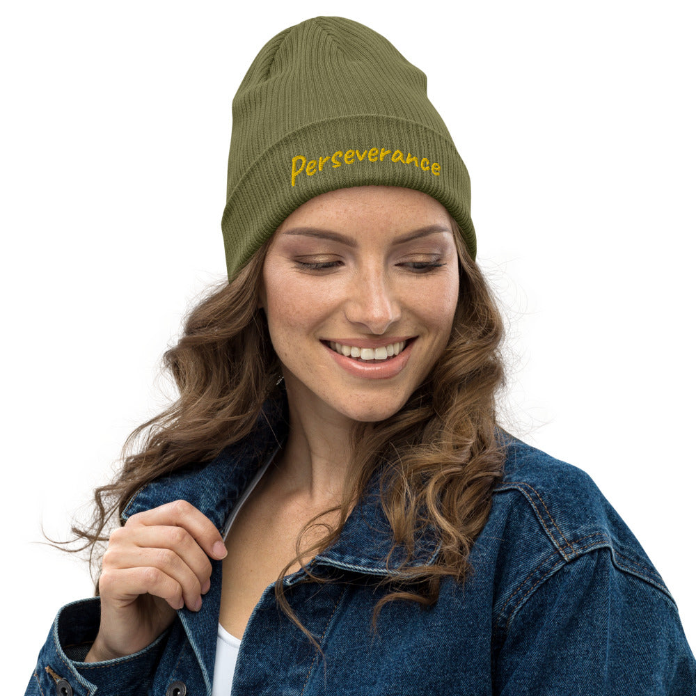 Perseverance In Gold Embroidery on Organic Beanie