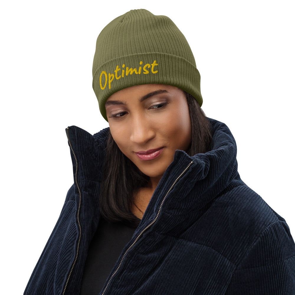 Optimist In Gold Embroidery on Organic Beanie