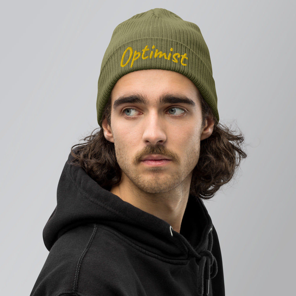 Optimist In Gold Embroidery on Organic Beanie