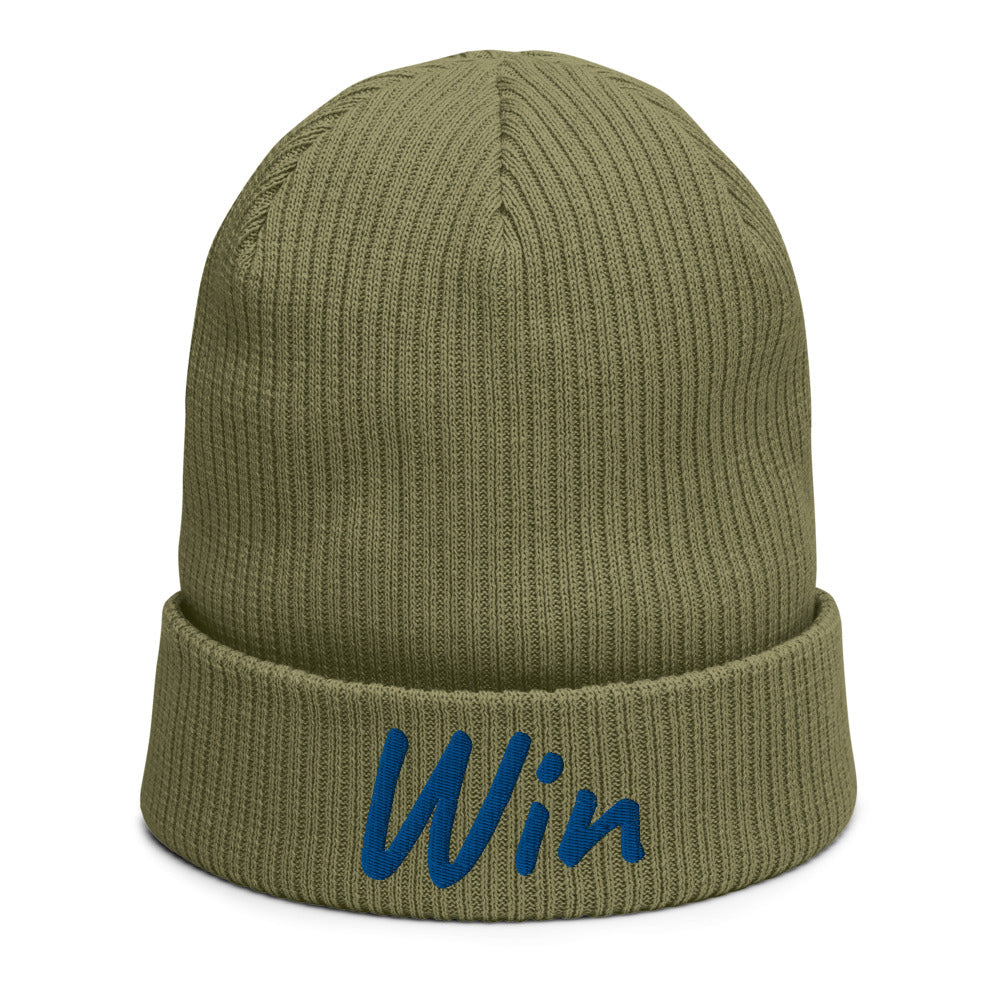 Win In Sapphire Embroidery on Organic Beanie