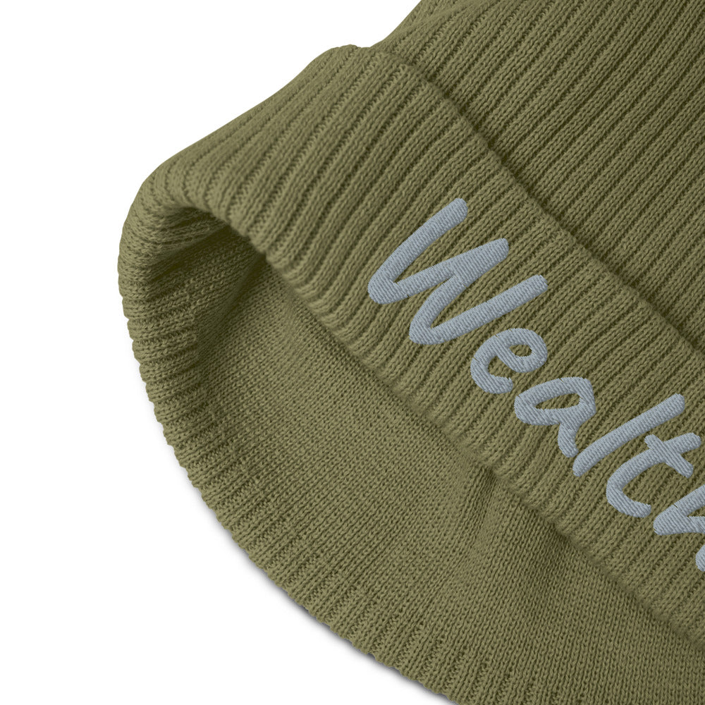 Wealth In Silver Embroidery on Organic Beanie