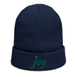 Joy In Emerald Embroidery on Organic Beanie