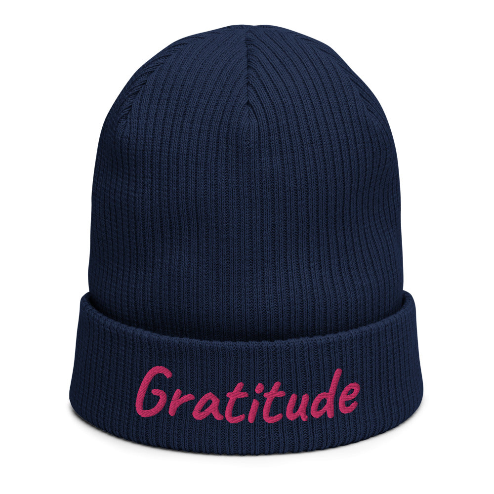 Gratitude In Star Rose Quartz Embroidery on Organic Beanie