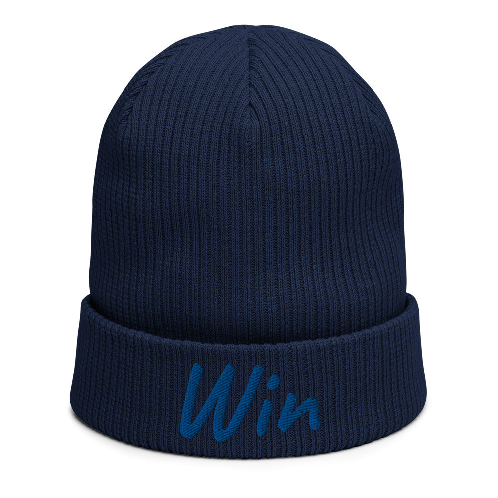 Win In Sapphire Embroidery on Organic Beanie