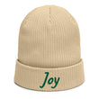 Joy In Emerald Embroidery on Organic Beanie