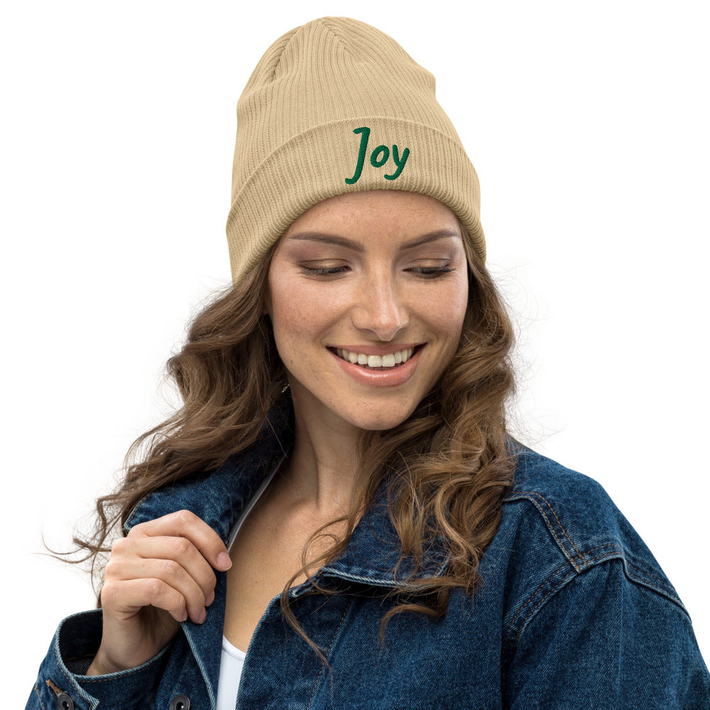 Joy In Emerald Embroidery on Organic Beanie