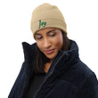 Joy In Emerald Embroidery on Organic Beanie