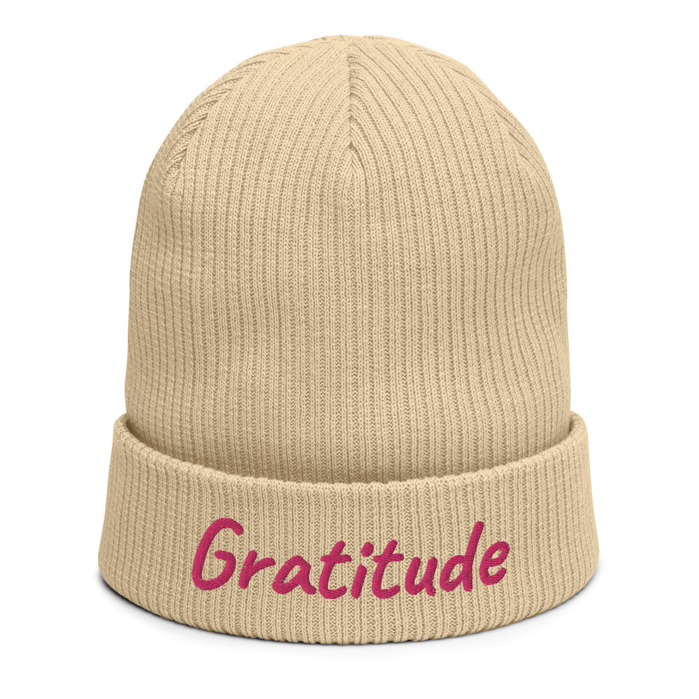 Gratitude In Star Rose Quartz Embroidery on Organic Beanie