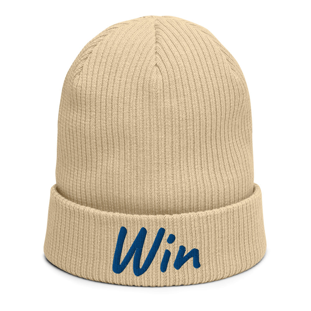 Win In Sapphire Embroidery on Organic Beanie