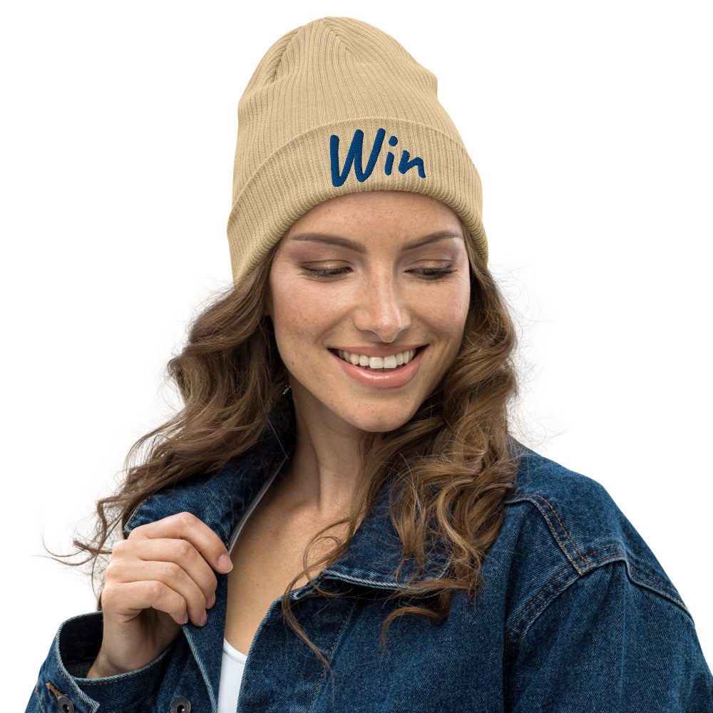 Win In Sapphire Embroidery on Organic Beanie