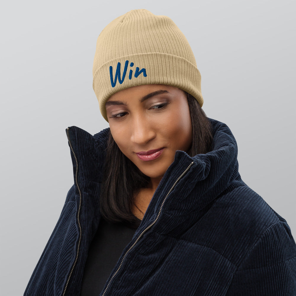 Win In Sapphire Embroidery on Organic Beanie