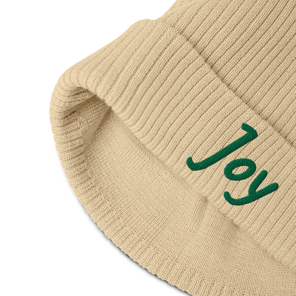 Joy In Emerald Embroidery on Organic Beanie