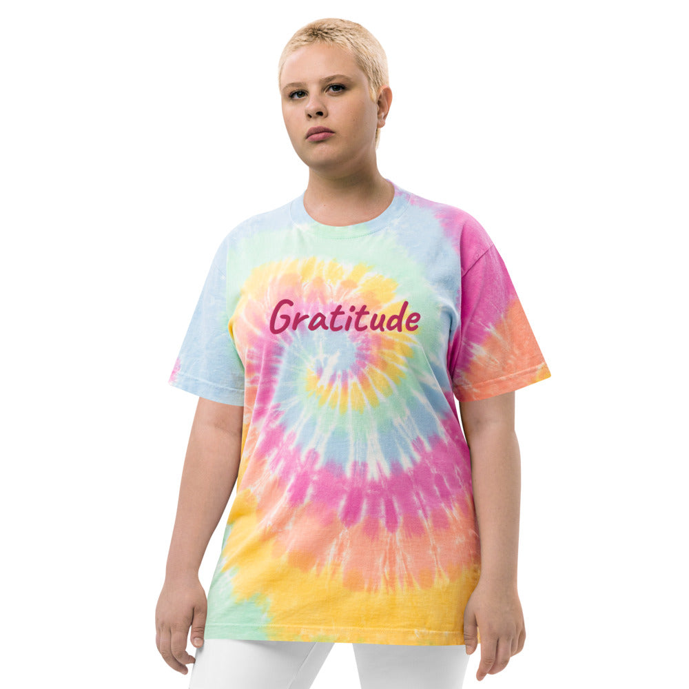 Gratitude In Star Rose Quartz Embroidery on Unisex Tie-Dye T-Shirt