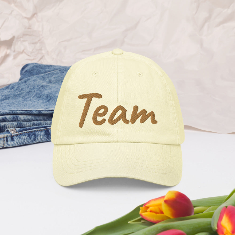 Team In Celluloid Embroidery on Pastel Baseball Cap