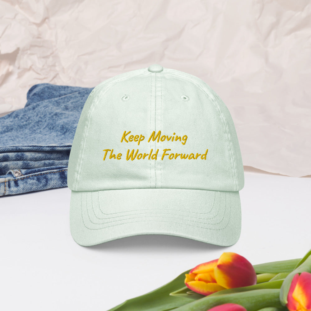 Keep Moving The World Forward In Gold Embroidery on Pastel Baseball Cap