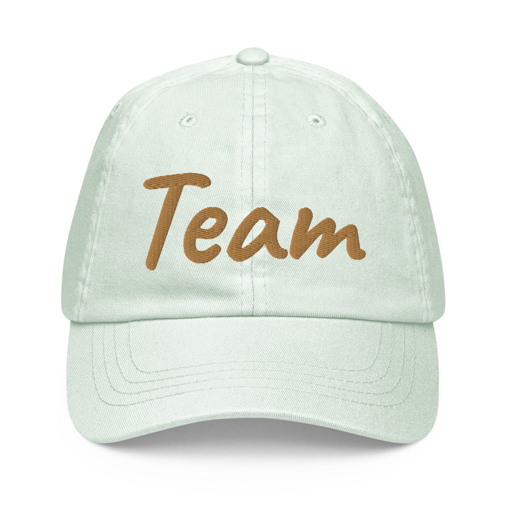 Team In Celluloid Embroidery on Pastel Baseball Cap